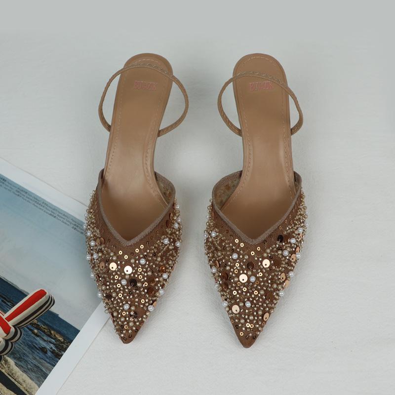 Women  Sandals High Heeled Formal Party Shoes Lady Luxury Sequin Pearl Stiletto Elegant Mesh Slingbacks Black Fashion