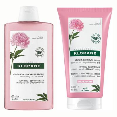 Klorane Beruhigendes Shampoo für empfindliche Kopfhaut Pfingstrose 400ml + Spülung 150ml, 1 Set