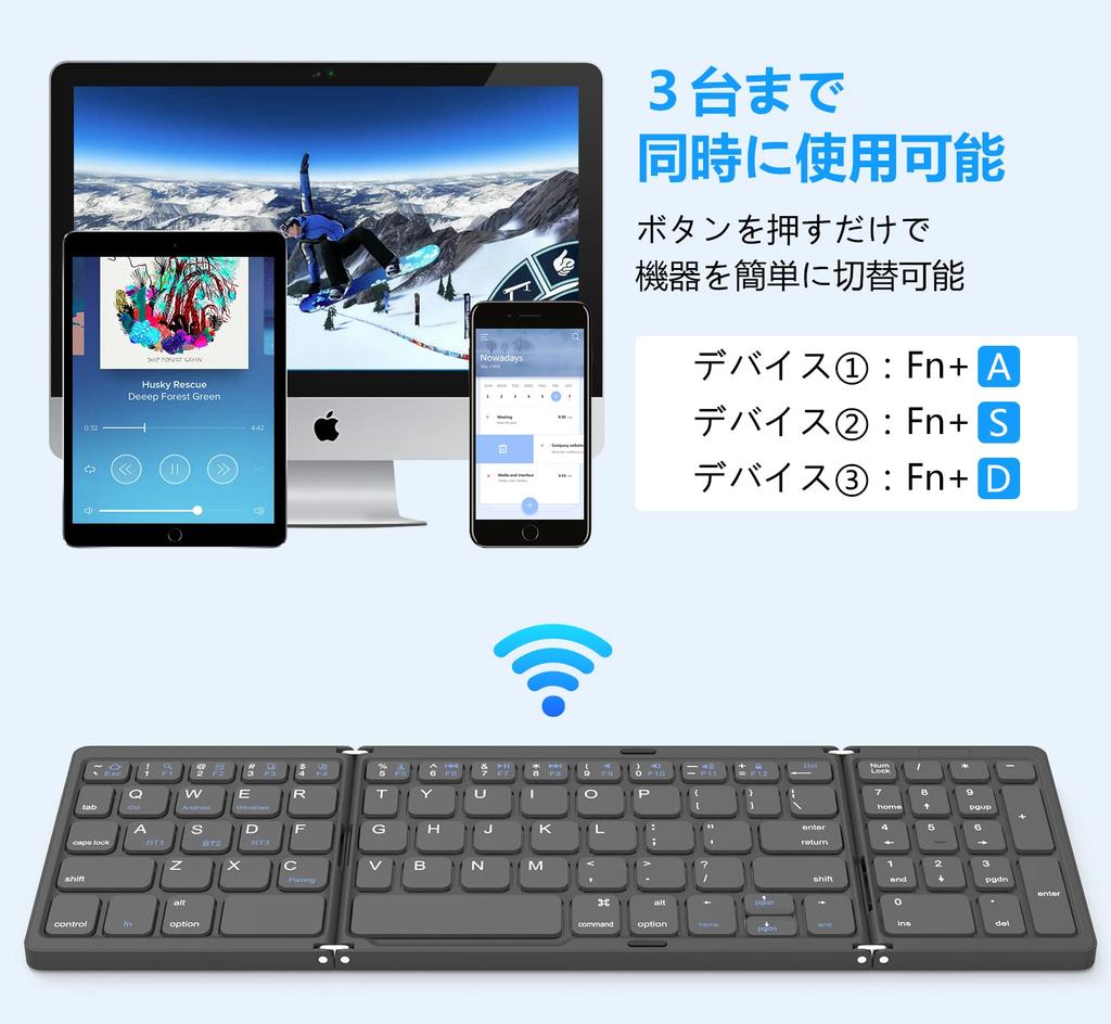Foldable Wireless Keyboard for iPad, Bluetooth, and Numeric Keypad, Slim Design, Supports 3 Devices, Compact, Quiet, Small, Portable, Compatible with