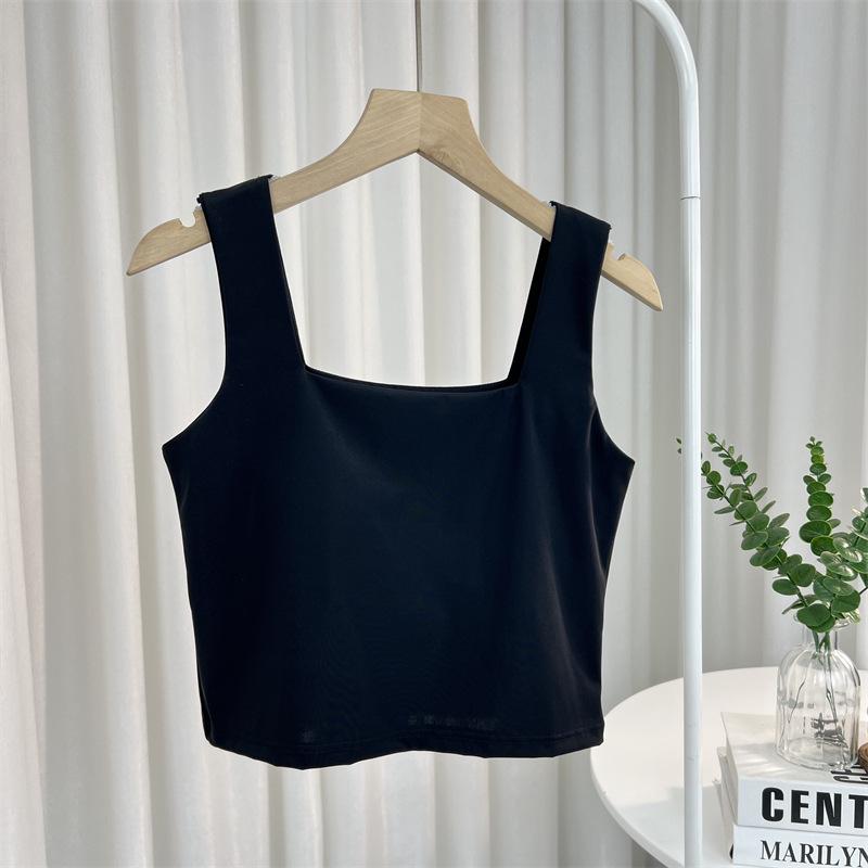 

Женская майка Ice Silk с широкими плечами, накладкой на грудь, квадратным вырезом и открытым пупком для летней спортивной одежды One Size 75-125jin чёрный