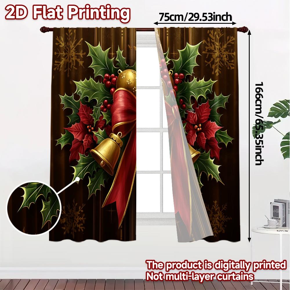 2pcs,Curtains Christmas Bells Holly Poinsettia (3) Modern Curtain Fabric Polyester Curtains Home Decor Suitable for Bedroom &