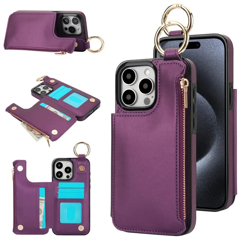 Ring Zip Wallet Card Leather Phone Case For iPhone 16 Pro Max 15 14 Plus 13 12 Mini 11 XS XR X SE 8 7 Flip Stand Cover Etui
