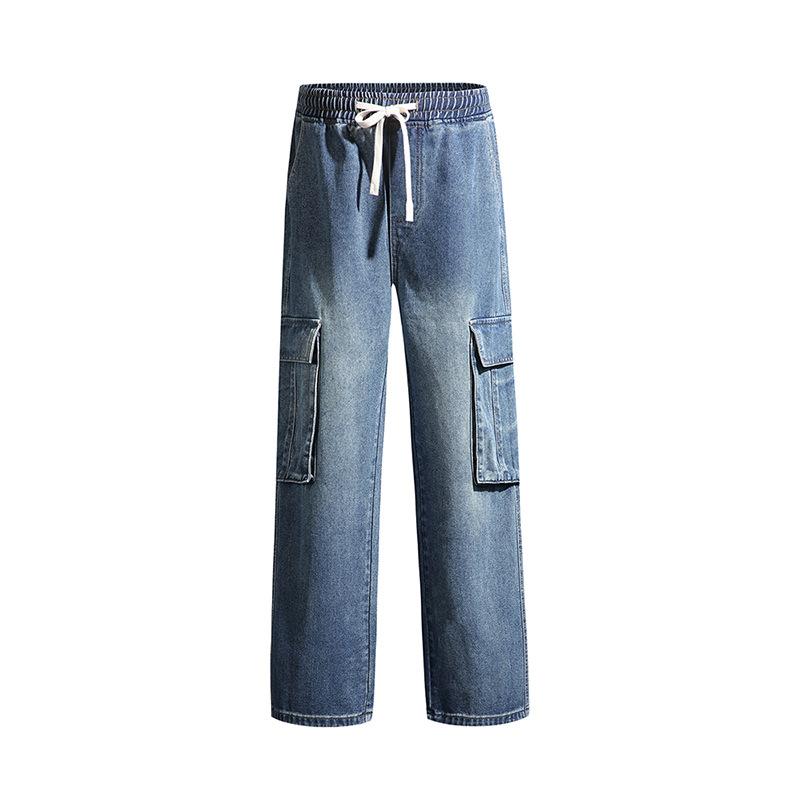 Working Three-dimensional Large Pocket Jeans for Men's Autumn and Winter New Style Hong Kong Feng Shui Washing Elastic Waist Wide-leg Pants