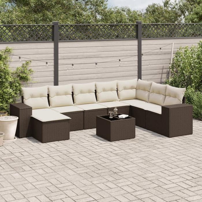 VidaXL Salon de Jardin avec Coussins 9 pcs, Canapés de Terrasse, Ensemble de Meubles de Patio, Mobilier d'Extérieur, Marron 3255310