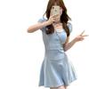 Wanna close waist knitted dress slim summer ice silk skirt sweet bubble sleeve square neck skirt, summer