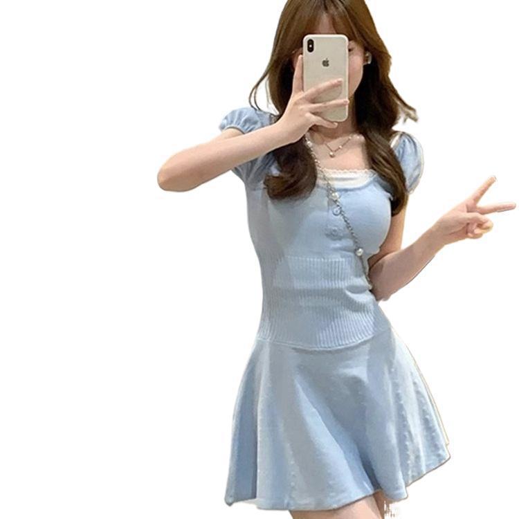 Wanna close waist knitted dress slim summer ice silk skirt sweet bubble sleeve square neck skirt, summer