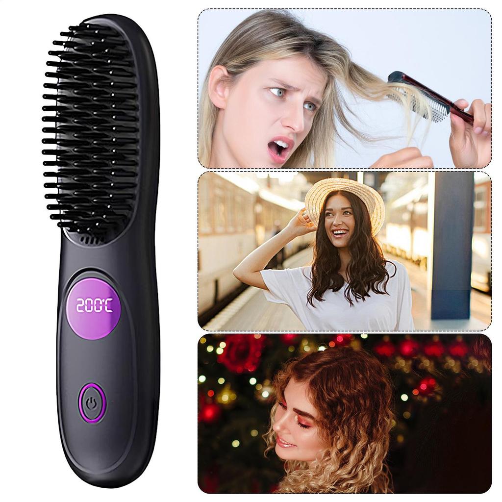 Portable Cordless Hot Hair Straighten Brush USB Charging Straightening Comb 3 Level Rechargeable Heating Comb For Daily Road