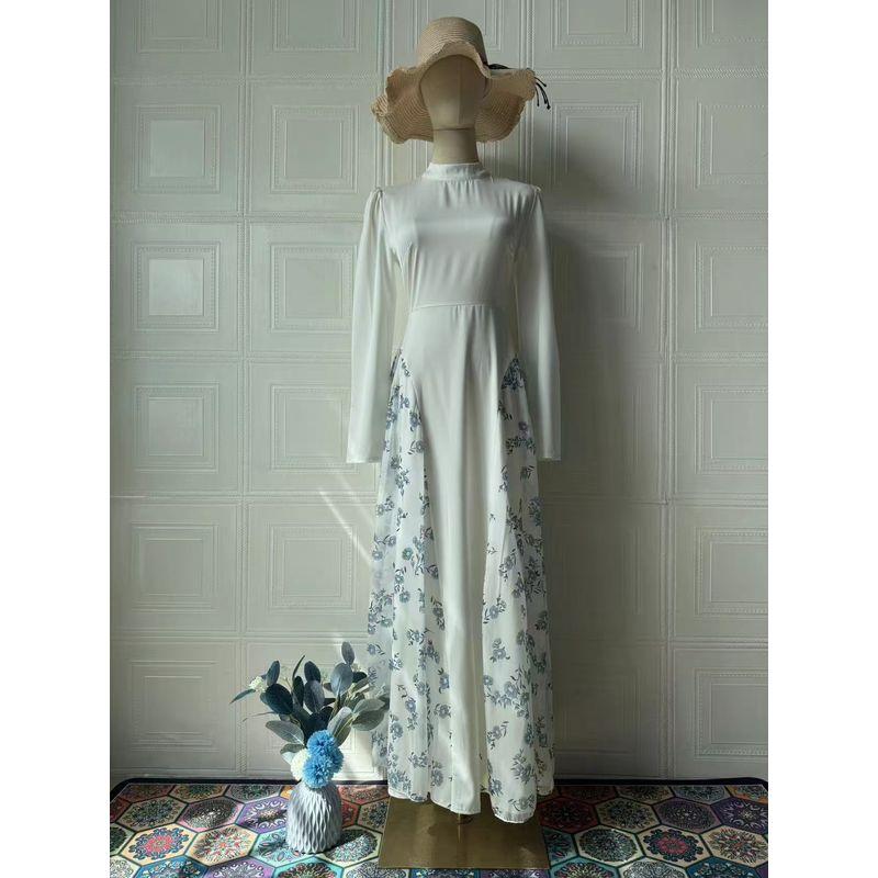 

Fashion Style Fashion Print round Neck Shoelace Waist-Tight Dress Lace up Waist Cinching Dress White S