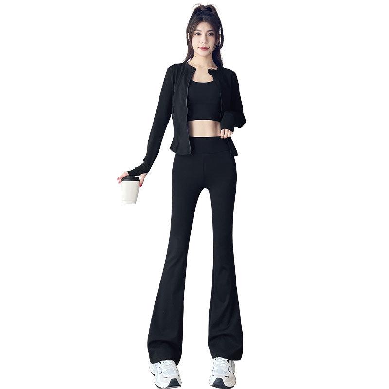 Damen Frühling/Herbst 2024 High-End Sport Fitness Yoga Set: Jacke & Schlankmachende Micro-Flare-Hose