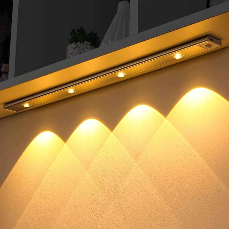 Motion Sensor Ultra-Thin Under Cabinet Light LED USB Lighting Kitchen Closet Wardrobe Lamp Rechargeable Magnetic LED Night Light