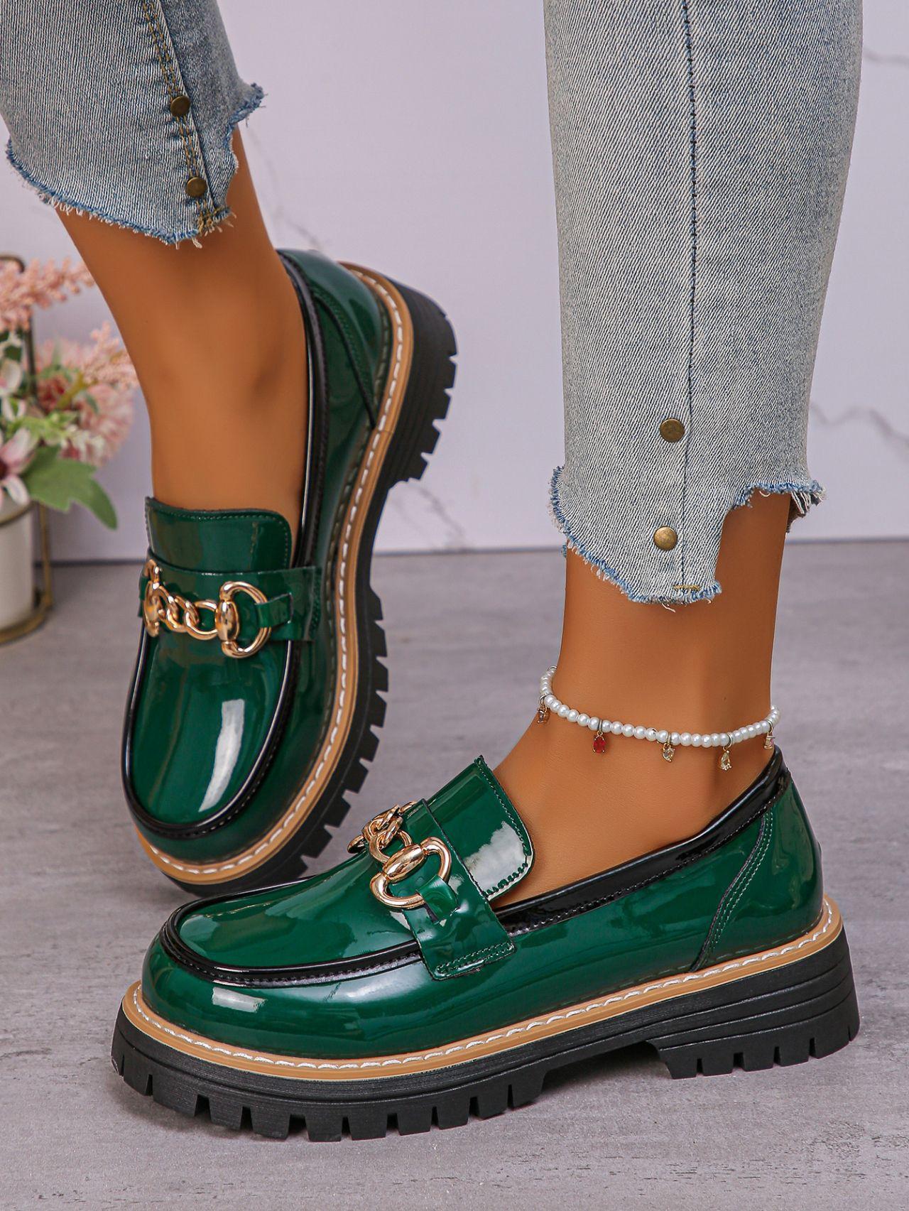 

Модные новые осенние лоферы для женщин, больших размеров, повседневные и удобные, женская обувь в британском стиле на толстом каблуке и толстой подошве 43 зелёный