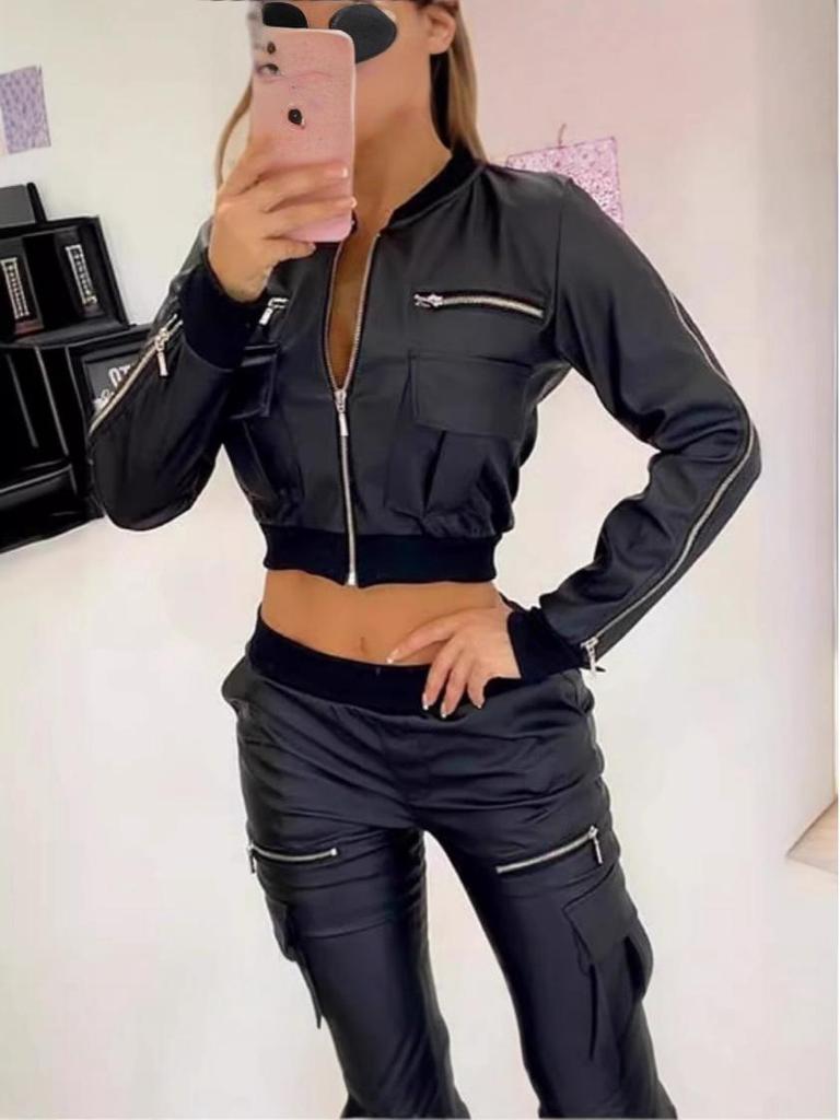 Trendy 2024 Black PU Zipper Short Jacket for Women - European & American Style