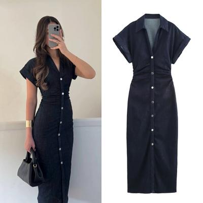 Vestido jeans midi com lapela e zíper lateral, nova série primavera 1975, elegante, slim, cintura franzida