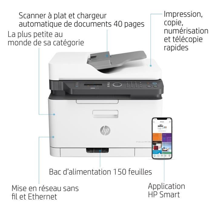 Imprimante multifonction laser couleur HP 179fnw - Impression, copie, scan, fax, Numérisation vers PDF