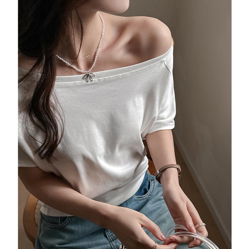 One-shoulder Exposed Off-shoulder Gray Loose Short-sleeved Women's Outerwear High-end Casual Spring Summer Shoulder-falling Top
