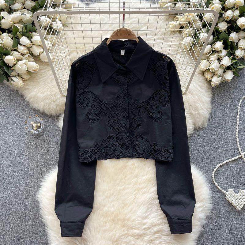 

Long Sleeves Crochet Niche Temperament Tops Stripes Shirt Black All yards