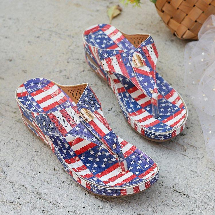 Large size summer new European and American style flag slippers slope heel platform beach shoes