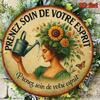 Vintage Franse Zorg Voor Je Geest 8 Inch Rond Blikken Bord Botanische Gieter Bladwerk Wanddecoratie Plaquette