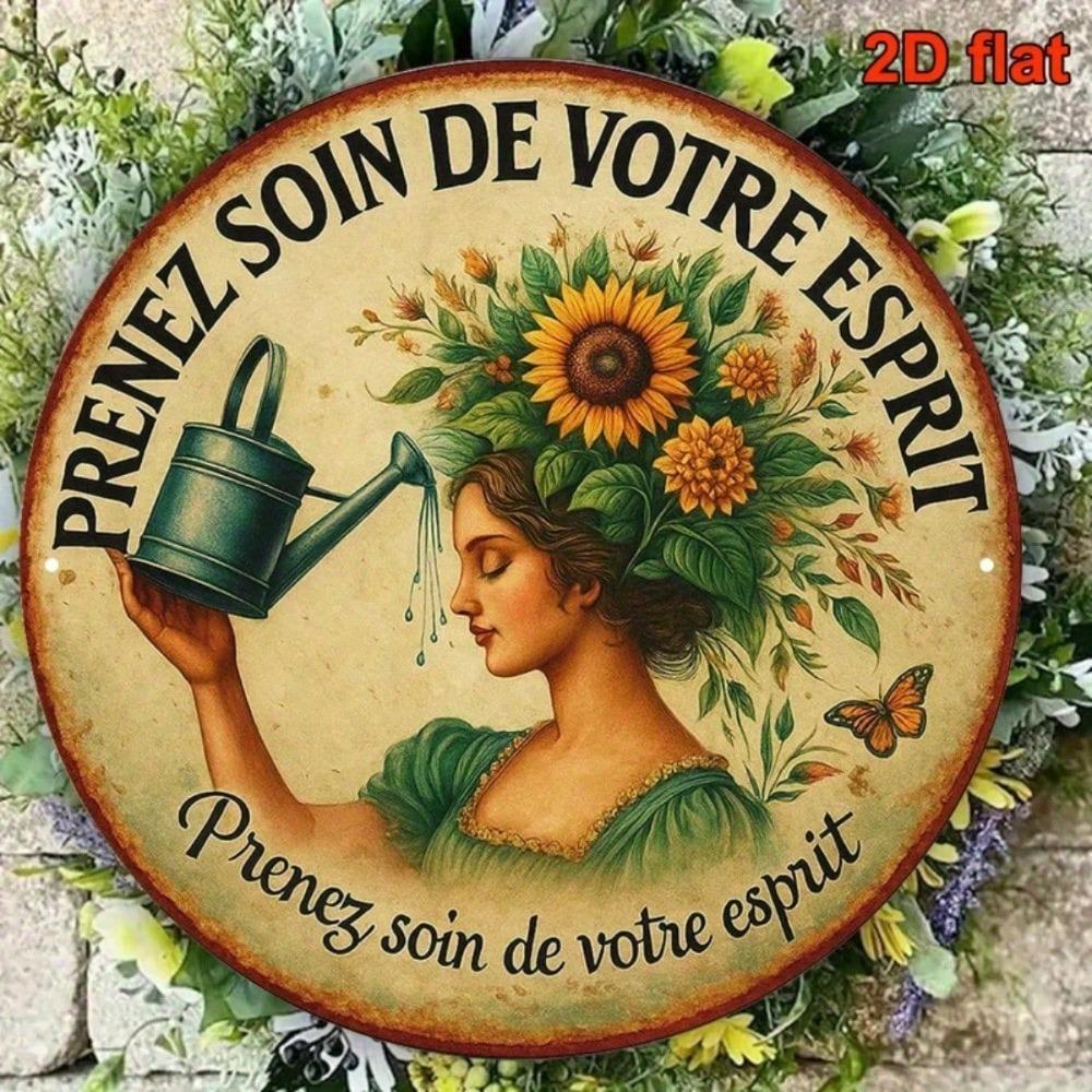 Vintage Franse Zorg Voor Je Geest 8 Inch Rond Blikken Bord Botanische Gieter Bladwerk Wanddecoratie Plaquette