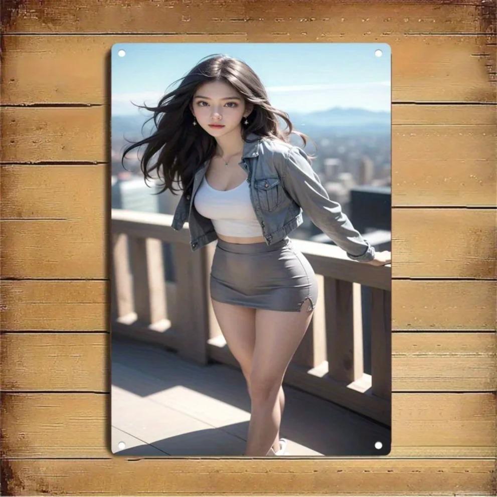 Metal Wall Art - Korean Woman Skyline Iron Sign, Seoul Modern Home Decor Bar Cafe Gift