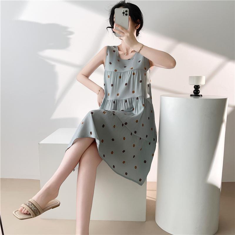 Women's Cotton and Silk Nightgown Summer Thin Internet Celebrity Large Size Printed Pajamas New Sleeveless Loungewear