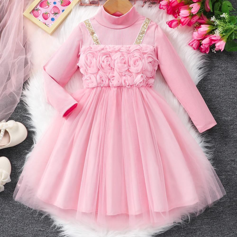 2-7 Years Girls' Long-Sleeved High-Neck Long Dress Autumn/Winter Tulle Dress