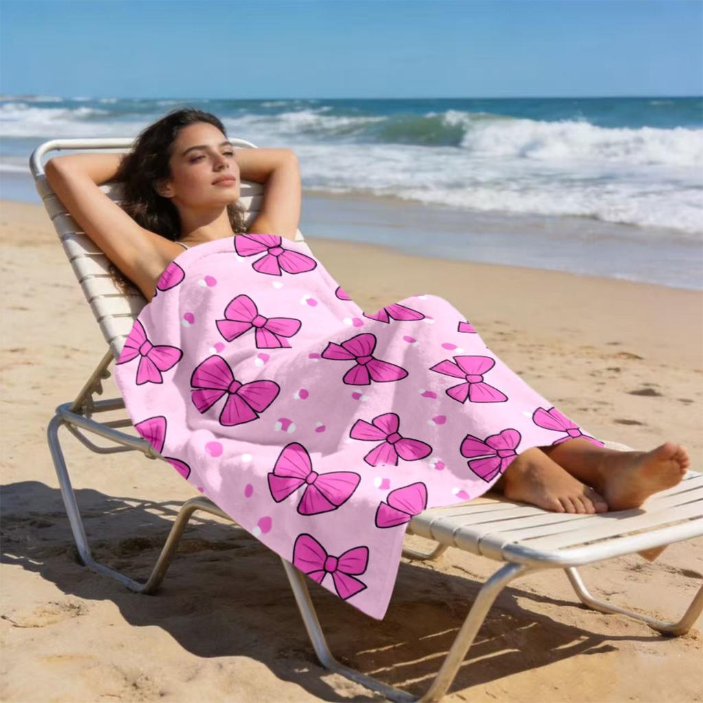 Pink Bow Design Beach Towel, Soft Lightweight Polyester Quick-Dry for Swimming Surfing Camping