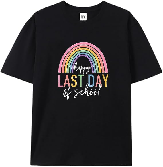 

Happy Last Day of School Teacher Shirt - Rainbow - Colored Letter Print Crew Neck and Short Sleeves 5XL різнокольоровий