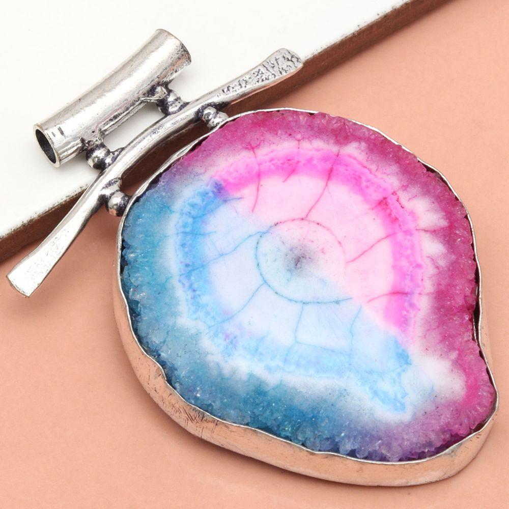 Pendant Multi Solar Drusy Gemstone Gift For Her Silver Jewelry 2"