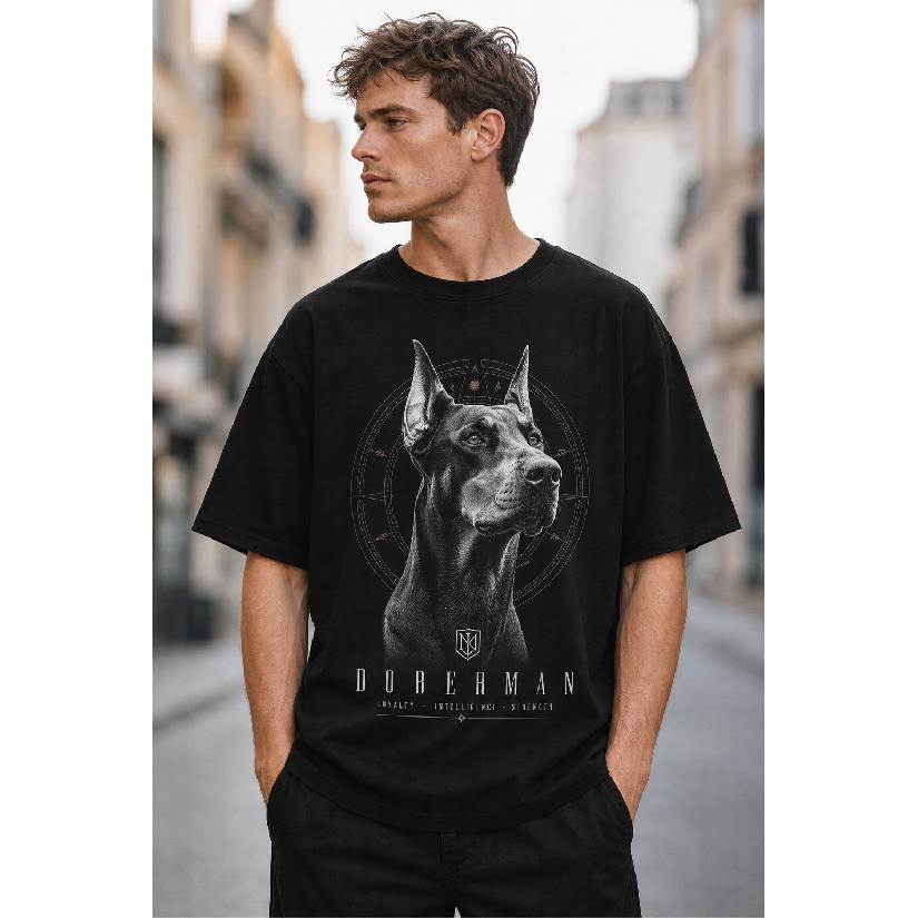 Men s oversized black cotton t-shirt with realistic Doberman graphic, crew neck, short sleeves, streetwear style for daily casual wear S