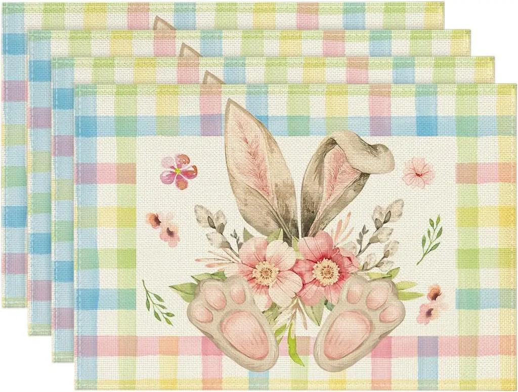 1PC Easter Placemats Buffalo Plaid, Bunny Ear Foot, Flower,Seasonal Table Mats for Party, Kitchen, Dining Decor