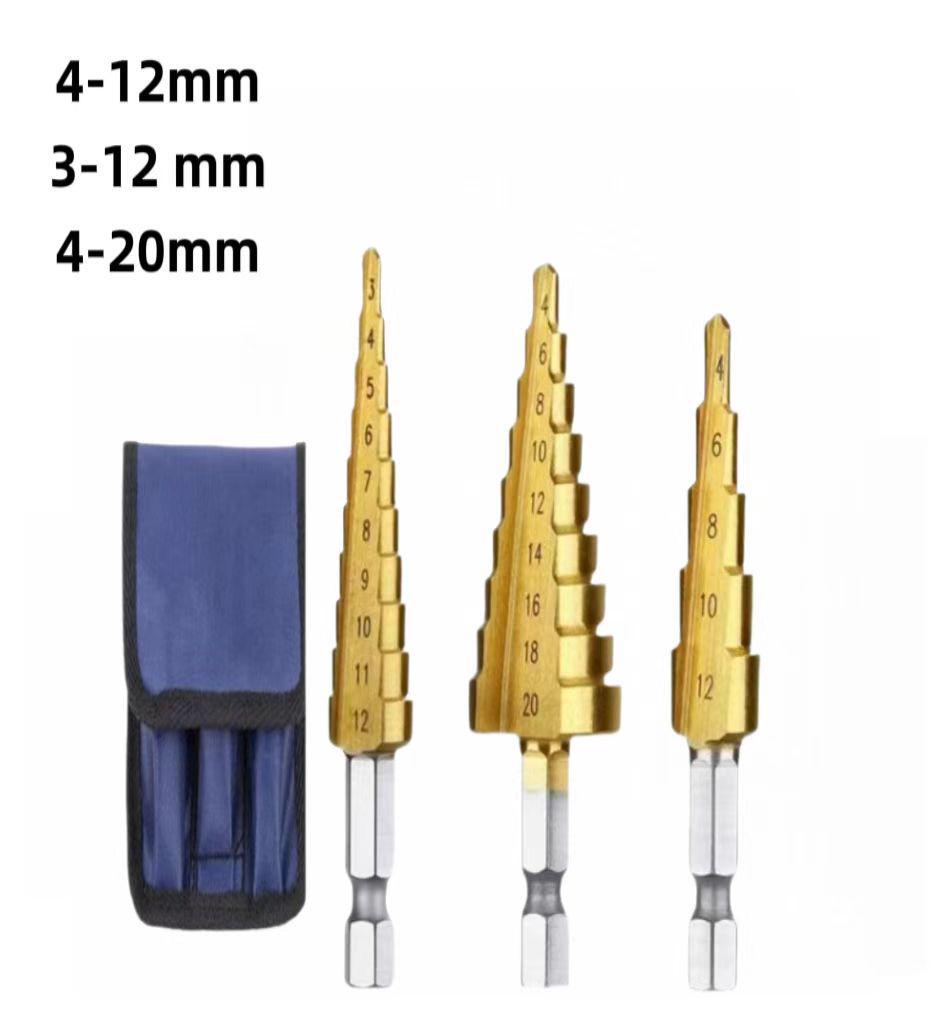 Three-Piece Titanium Step Drill Bit Set for Woodworking