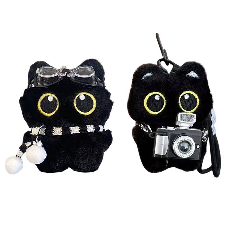 Cute Cartoon Black Cat Keychain Bag Pendant Backpack Hanging Ornaments Lovely Cat Doll With Camera Animal Car Keyring Kids Gift
