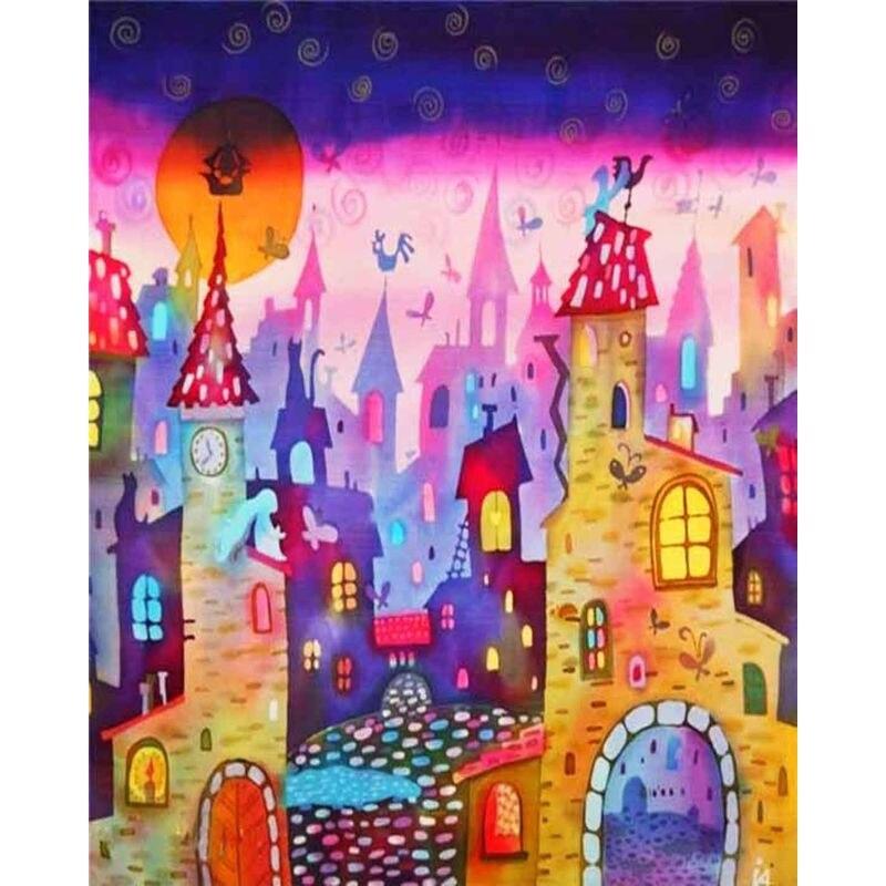 Malowanie diamentowe Różowy kwiat Pełne okrągłe diamentowe haftowanie Kolorowy dom Krajobraz Haft krzyżykowy Dekoracja domu