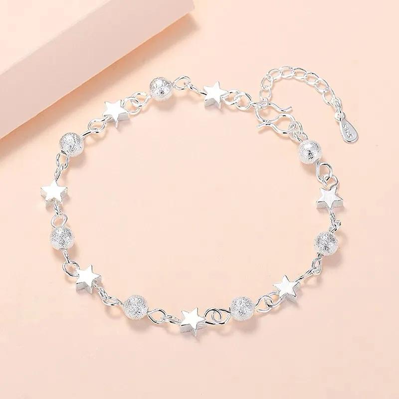 925 Silver Star Moon Bracelet Women Girls Vintage Korean Crystal Charm Jewelry Gift Sparkling Party Accessories