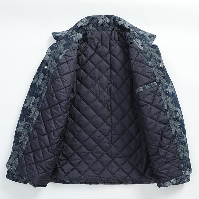 Men's Plus Size Plaid Denim Jacket - Cotton Padded for Autumn/Winter, Cool Biker Style