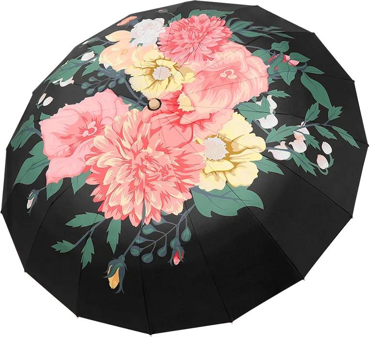 New 16-Rib Windproof Umbrella UPF50+ Sun & Rain Protection, Chinoiserie Series Design with Handcrafted Wood Handle & Flor