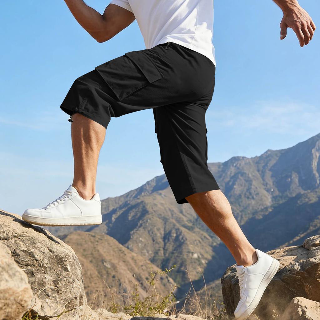Men’s Casual 3/4 Length Cargo Shorts Elastic Waist Relaxed Fit Lightweight Multi Pocket Knee Length Pants