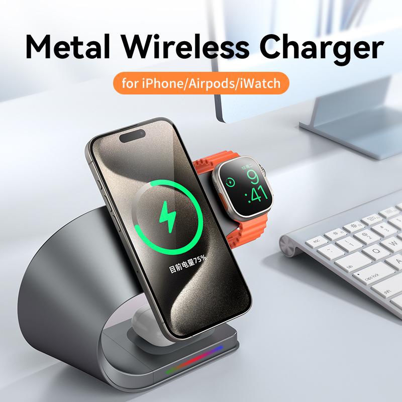 Wireless Charger Stand Metal Shell Magnetic 15W Fast Charging Station Stand for iPhone 12-17 Mobile Phones Airpods Watch 4 in 1