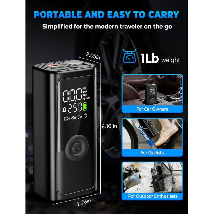 Tire Inflator Portable Air Compressor, 150PSI Cordless Tire Inflator, Auto-Off & LED Light, 10000MAh Battery Powered Bike Pump With Gauge For Car,