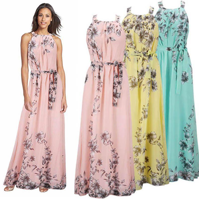 Elegant Plus Size Womens Floral Sleeveless Belted Maxi Long Dress For Summer Parties