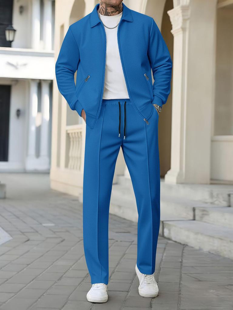Men's Autumn Casual Sport Set: Slim Fit Zipper Lapel Jacket with Waffle Pocket & Pants