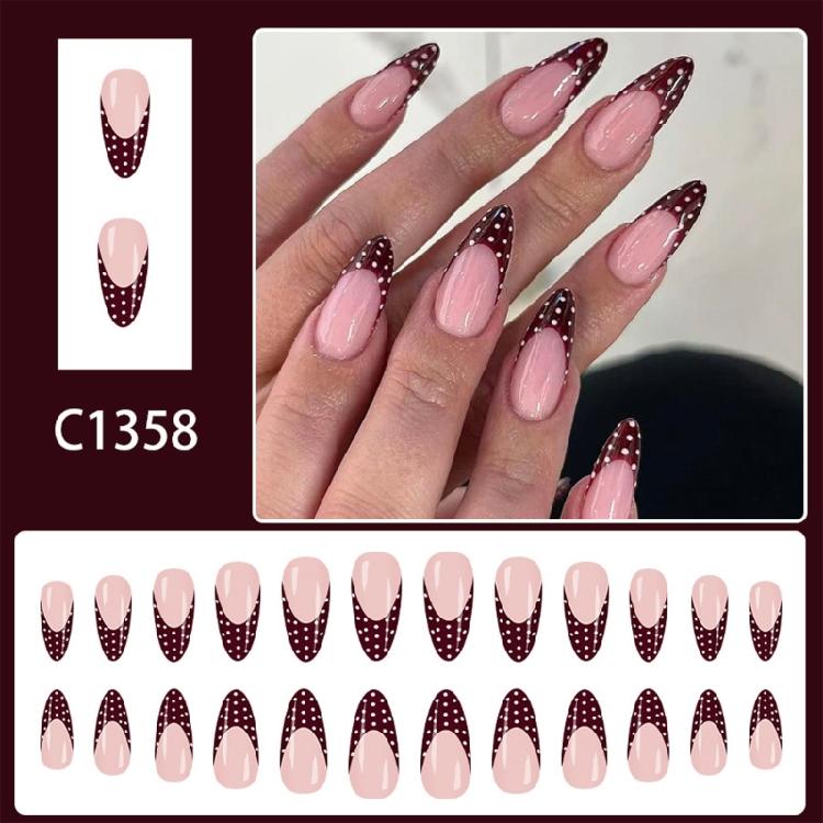 Press On Nail 24pcs Wine Red White Polkas French Design False Nail Breathable ABS Construction For Sensitive Fingers