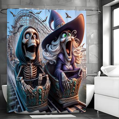 Halloween Skeleton Riding Roller Coaster Shower Curtain, Bathroom Decorative Shower Curtain, Waterproof Shower Curtain with Hook