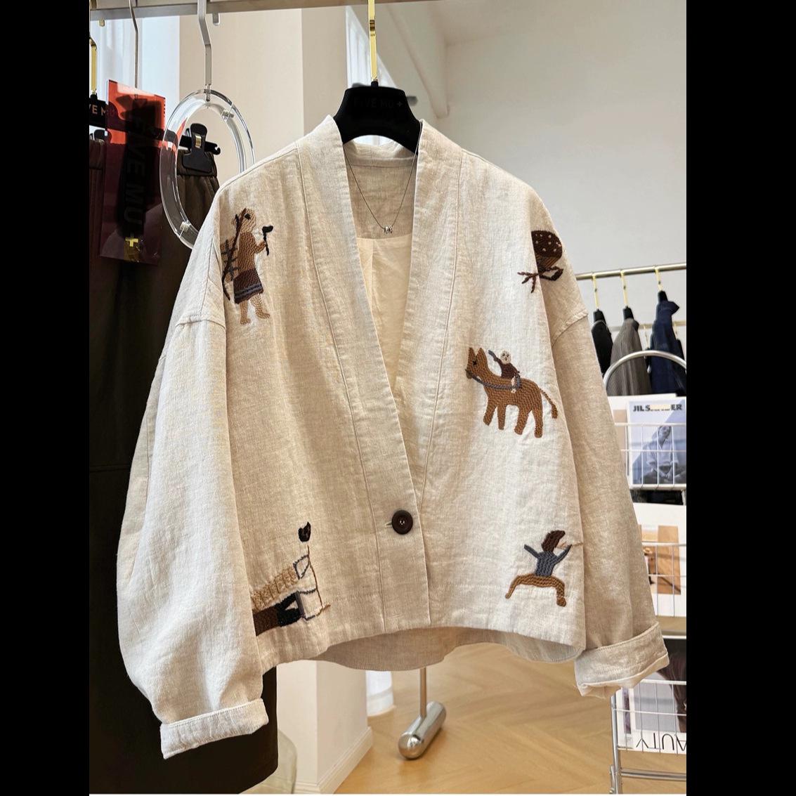 

Осенняя коллекция 2025: Изысканная вышитая куртка с V-образным вырезом в ретро-стиле из хлопка и льна для женщин 3XL