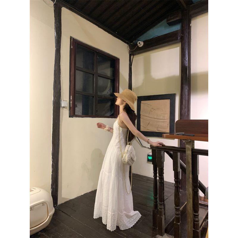 Kumikumi Gentle Style Hollow Lace Sling Dress Women Summer French Style Age-Reducing Drape A- Line Skirt Long Dress