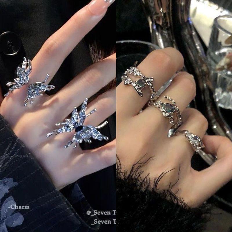 

Butterfly Ring Female Special-Interest Design Student Party Exaggerated Jewelry Bracelet Cold Wind Opening Adjustable Index Finger Ring (Pack of 5) Angel Wings + Drop Square Diamond Ring