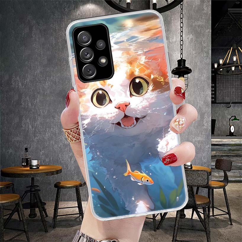 Cartoon Cute Cat Fish Aesthetic Soft Phone Case For Samsung Galaxy A12 A22 A32 A52 A72 A02S A51 A50S A71 A70 A31 A20S Note 20 Ul