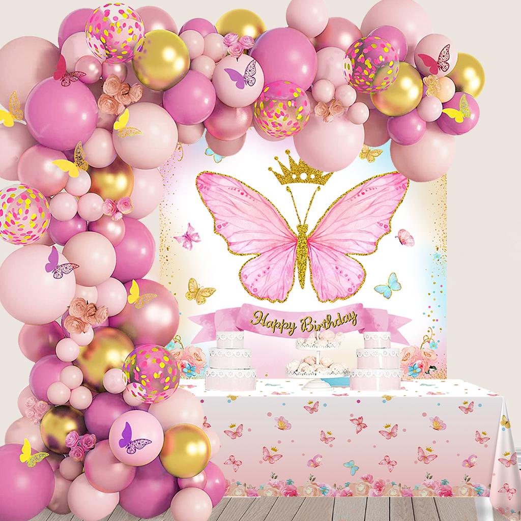 Conjunto de balões de toalha de mesa com tema de borboleta, decoração de festa de aniversário de borboleta rosa, suprimentos para festa de chá de bebê para meninas