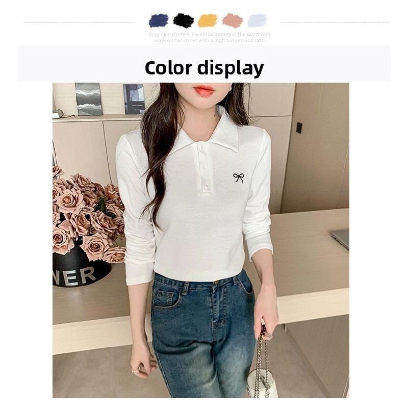 POLO shirt, spring and autumn 2026 new model, base shirt with bow embroidery, women's slim-fit t-shirt
